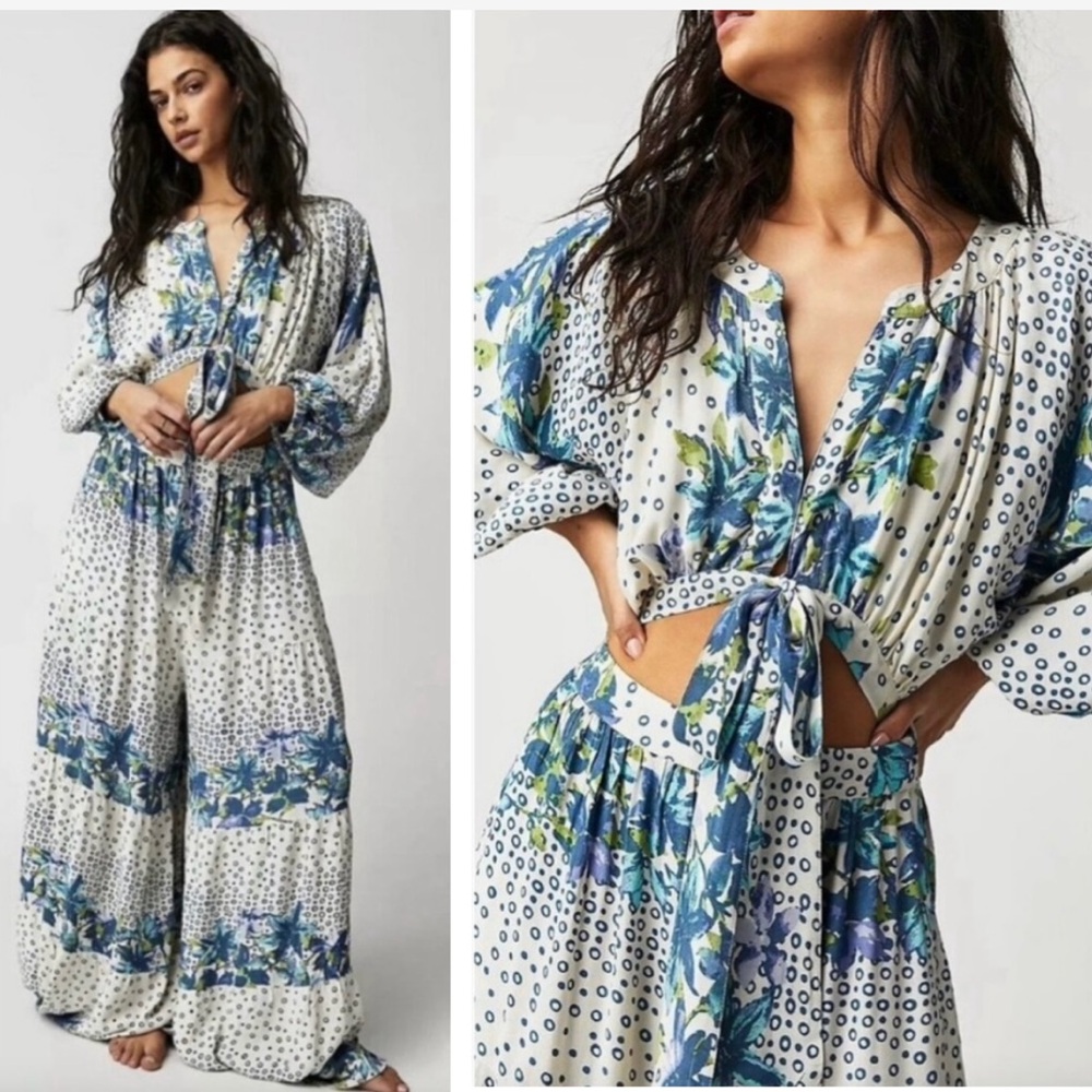 Free People Floral Wide Leg Jumpsuit - Blue and White
